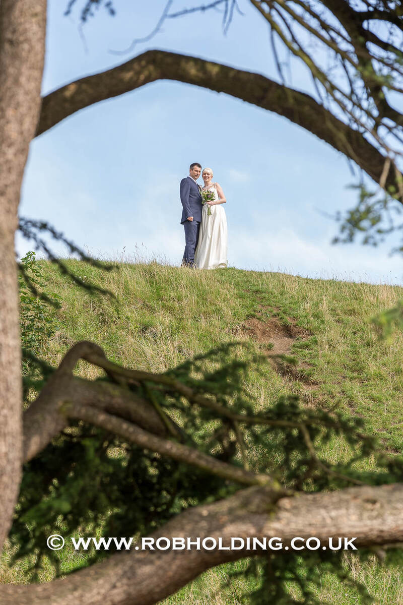 Distant couple standing on a hillside, framed by tree branches
