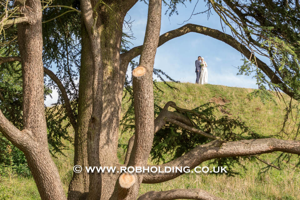 Distant view of a couple on a hillside, framed by tree branches