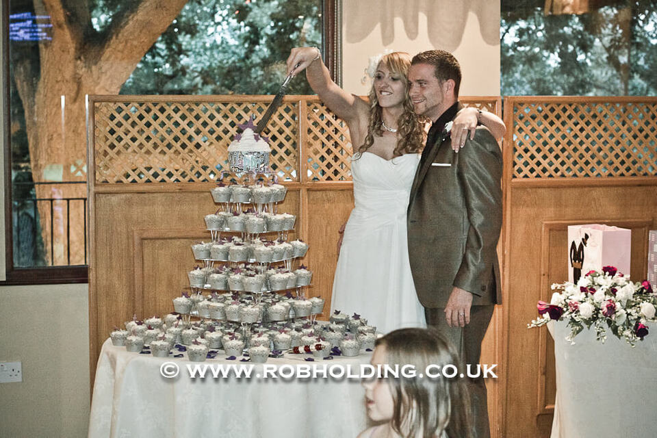 Bride and groom cutting a cupcake tower together